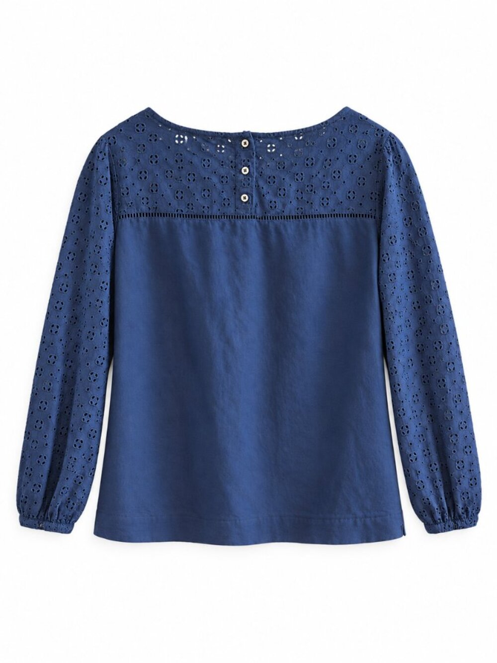 J.Crew Navy Blue Linen Cotton Blend Eyelet Long Sleeve Boat Neck Blouse (Size 6) - Picture 7 of 11